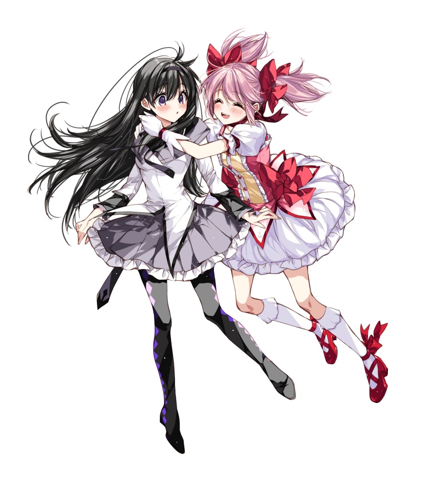 2girls :d :o akemi_homura arms_around_neck black_hair black_pantyhose black_skirt blush bow buttons closed_eyes facing_another floating_hair frilled_skirt frilled_socks frills gloves hair_bow high_heels highres hug hug_from_behind kaname_madoka kneehighs legs_apart long_hair long_sleeves mahou_shoujo_madoka_magica miniskirt misteor multiple_girls open_mouth pantyhose pink_hair pink_shirt pleated_skirt puffy_short_sleeves puffy_sleeves purple_eyes red_footwear shirt short_hair short_sleeves short_twintails simple_background skirt sleeve_cuffs smile socks teeth twintails two-tone_shirt upper_teeth_only white_background white_gloves white_shirt white_skirt white_socks wide-eyed yellow_shirt