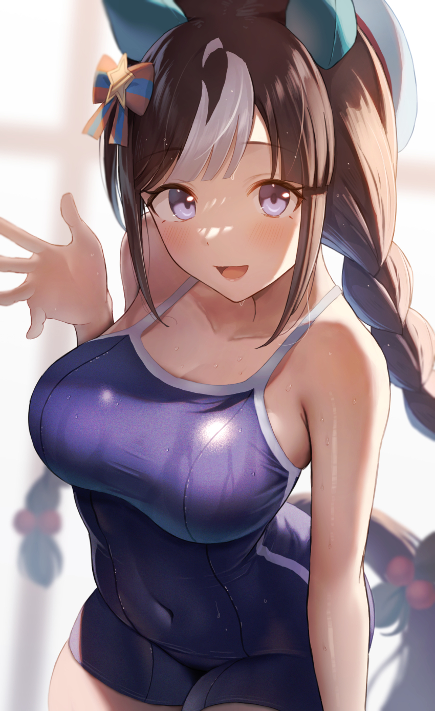 1girl absurdres braid breasts brown_hair covered_navel ear_covers highres hokko_tarumae_(umamusume) horse_girl large_breasts long_hair looking_at_viewer multicolored_hair one-piece_swimsuit open_mouth purple_eyes ray_mil68 smile solo streaked_hair swimsuit tracen_swimsuit twin_braids umamusume white_hair