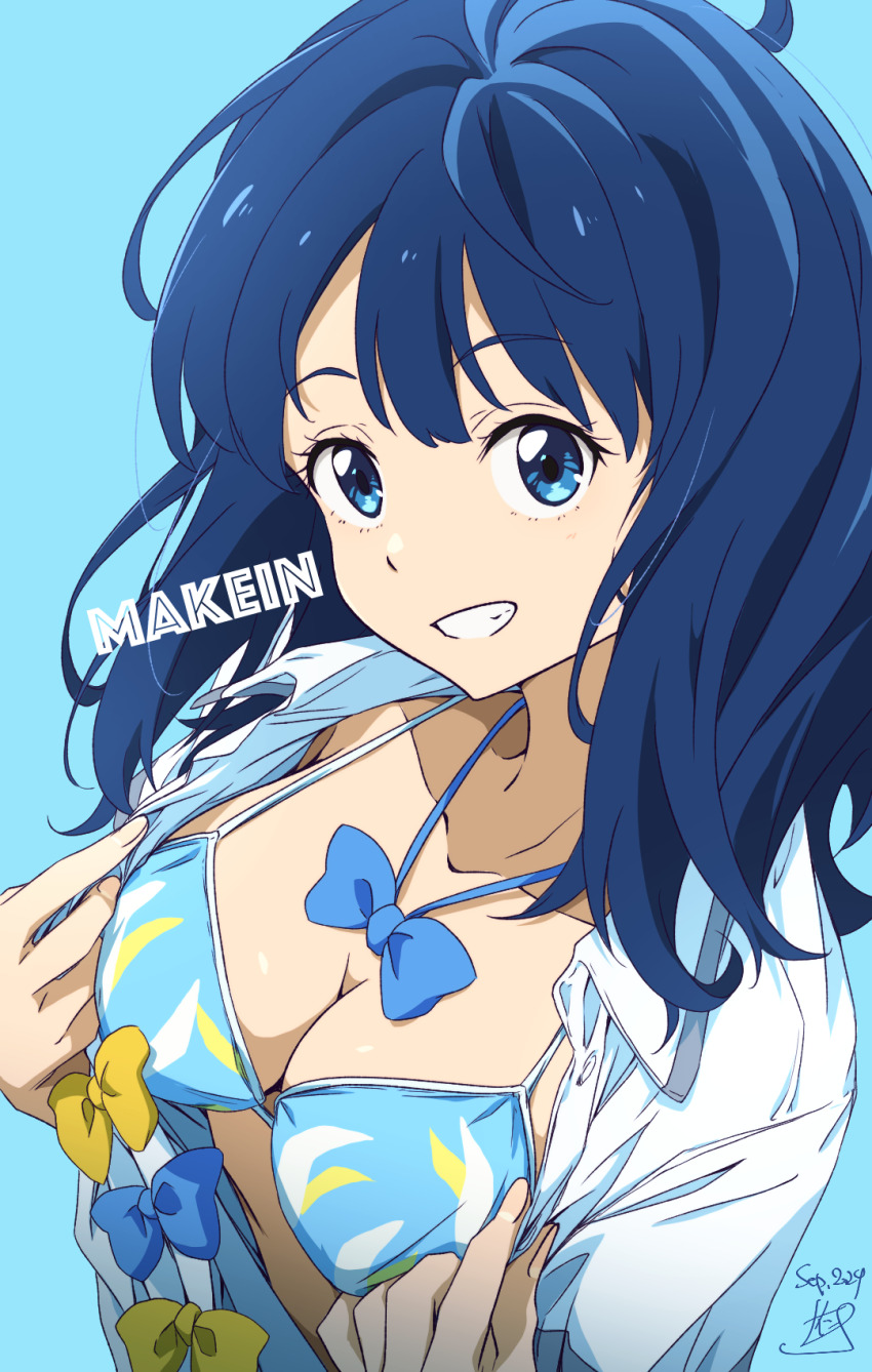 1girl bikini bikini_under_clothes blue_background blue_bikini blue_bow blue_bowtie blue_eyes blue_hair bow bowtie breasts cleavage clenched_teeth collarbone collared_shirt dated highres large_breasts looking_at_viewer make_heroine_ga_oo_sugiru! nii_manabu open_clothes open_shirt shirt signature simple_background solo swimsuit teeth upper_body yanami_anna