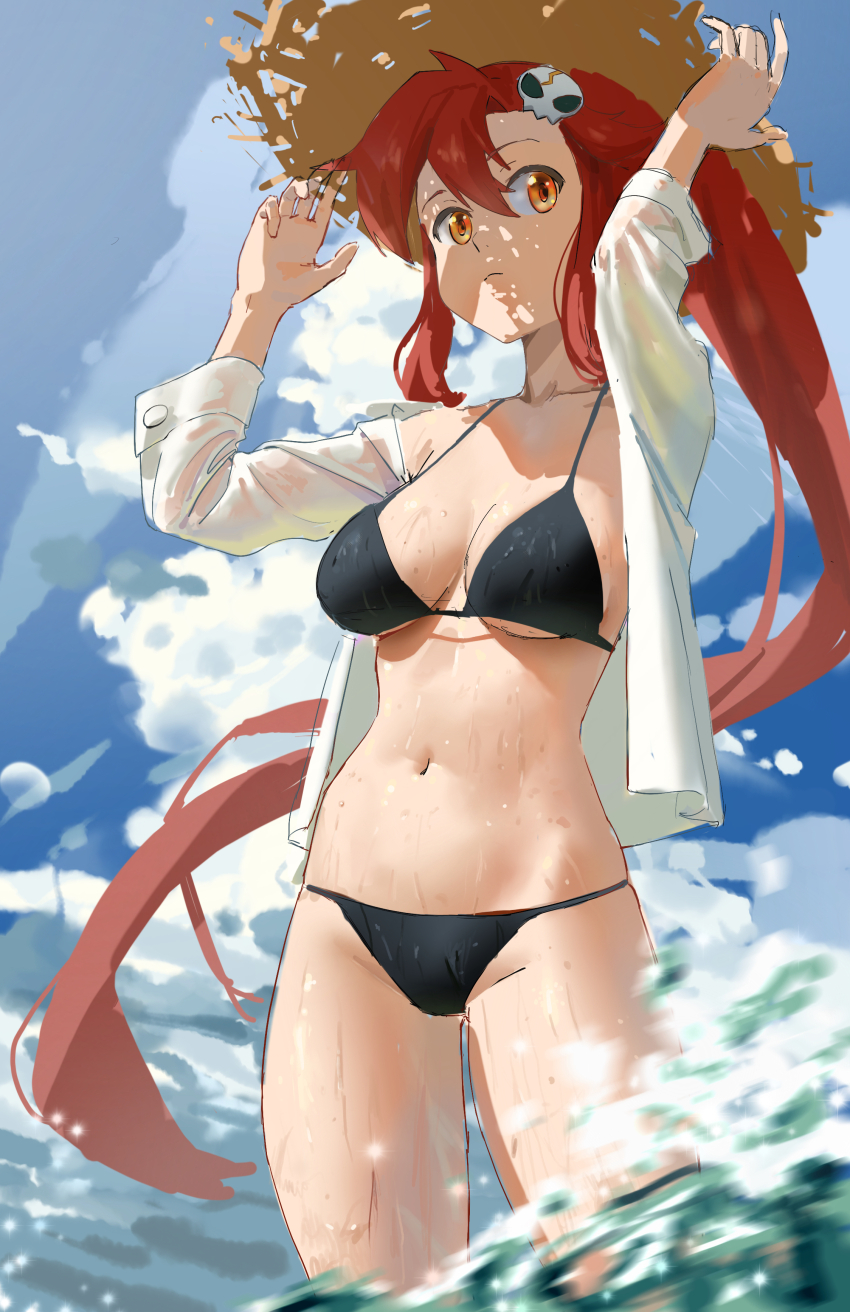 1girl absurdres arms_up bikini black_bikini blue_sky blurry breasts closed_mouth cloud cowboy_shot day depth_of_field hair_ornament hat highres leo_liao323 long_hair medium_breasts navel open_clothes open_shirt outdoors red_hair shirt skull_hair_ornament sky solo stomach straw_hat swimsuit tengen_toppa_gurren_lagann very_long_hair wading water wet wet_clothes wet_shirt white_shirt yellow_eyes yoko_littner