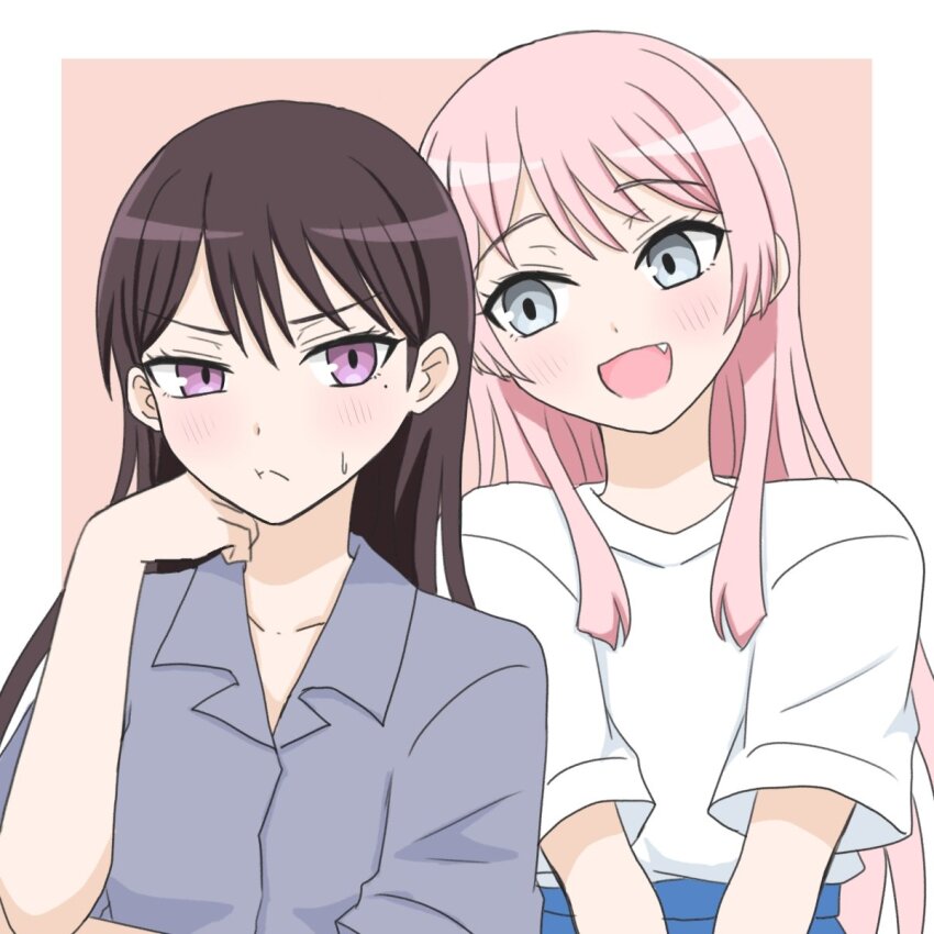 2girls bang_dream! bang_dream!_it&#039;s_mygo!!!!! blush border brown_hair chihaya_anon closed_mouth collared_shirt commentary fang grey_eyes grey_shirt highres long_hair looking_at_another mole mole_under_eye multiple_girls open_mouth outside_border pink_background pink_hair purple_eyes shiina_taki shirt short_sleeves simple_background smile sweatdrop upper_body white_border white_shirt xiaoyu_(xiaoyu0308)