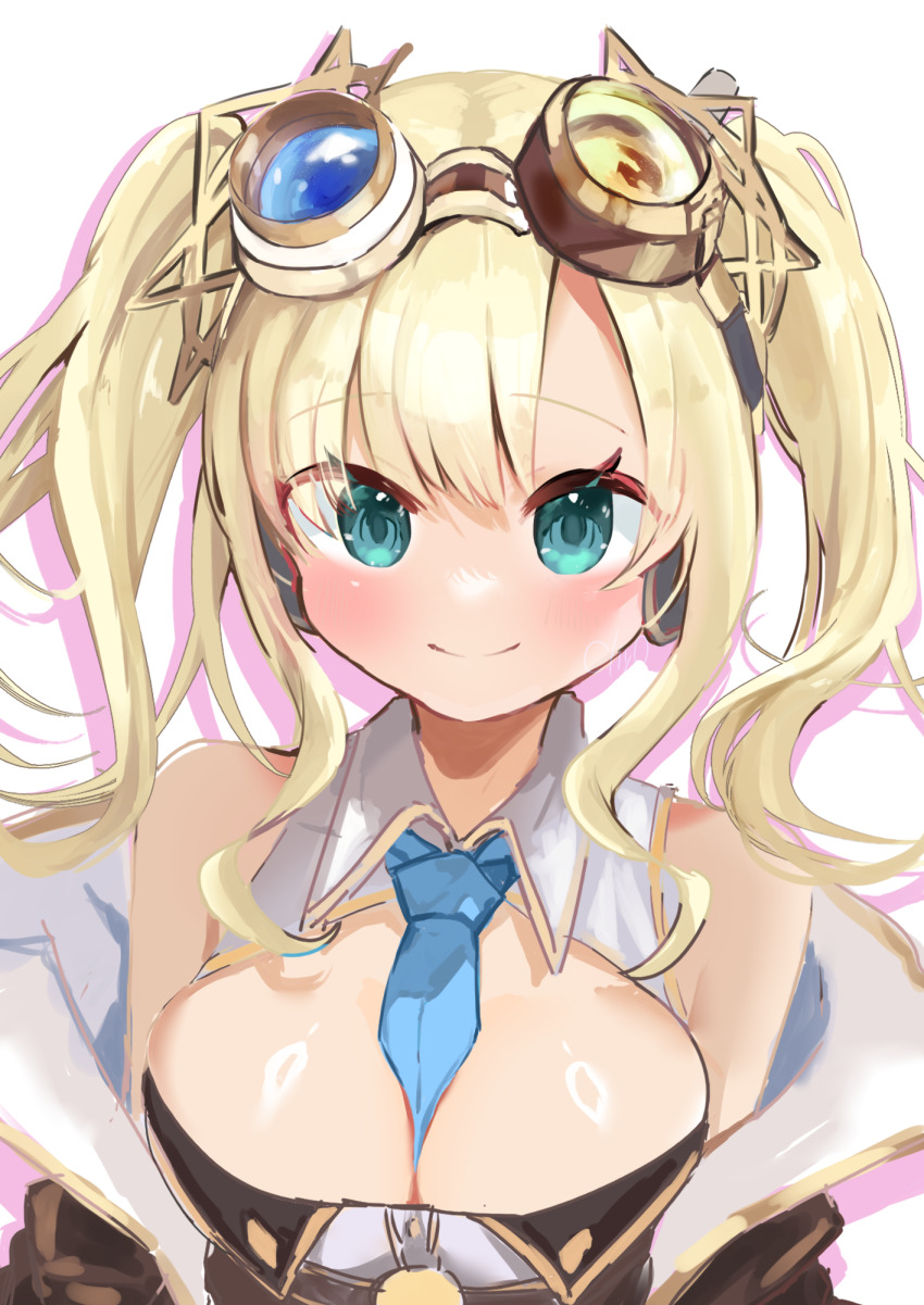 1girl between_breasts blonde_hair blue_necktie blush breasts bursting_breasts character_request closed_mouth goggles goggles_on_head green_eyes heterochromatic_eyewear highres large_breasts long_hair looking_at_viewer necktie necktie_between_breasts no_nose popped_collar ramune_ramune shirt simple_background sleeveless sleeveless_shirt smile solo split_mouth station_memories straight-on tinted_eyewear twintails upper_body white_background white_shirt