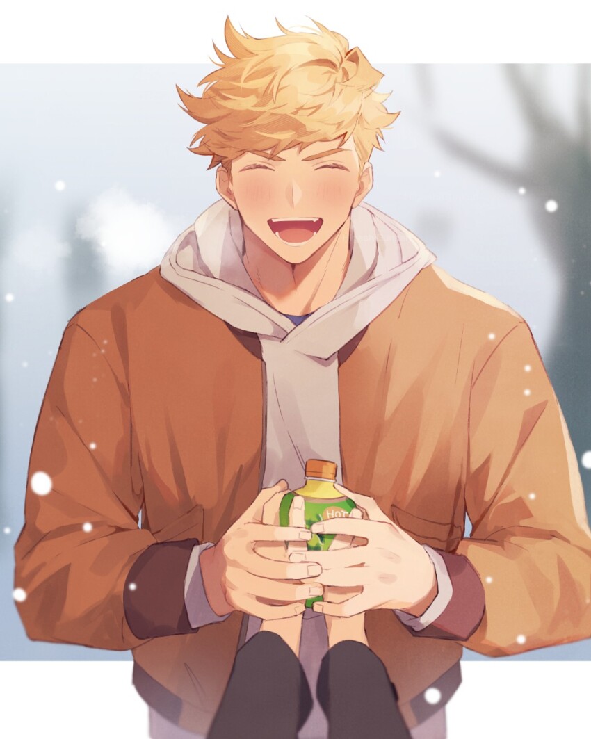 1boy blonde_hair blurry blurry_background blush bottle closed_eyes day granblue_fantasy higashigunkan highres holding holding_bottle hood hood_down hoodie jacket male_focus open_clothes open_jacket open_mouth orange_jacket outdoors short_hair smile snowing solo_focus upper_body vane_(granblue_fantasy) white_hoodie