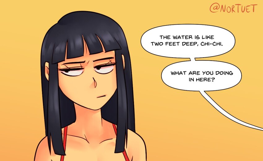 1girl bare_shoulders black_eyes black_hair blunt_bangs chi-chi_(dragon_ball) closed_mouth collarbone dragon_ball dragonball_z english_text i&#039;m_not_at_the_beach_this_is_a_bathtub_(meme) long_hair meme nortuet orange_background portrait simple_background solo speech_bubble