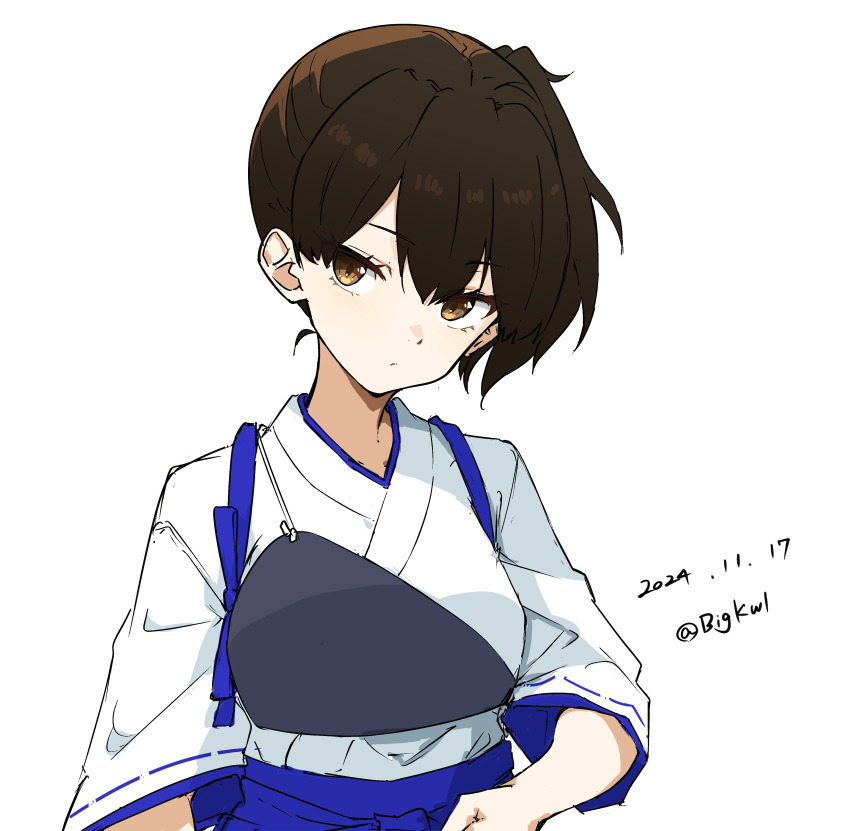 1girl absurdres bigkwl black_eyes breasts brown_hair dated hakama hakama_skirt highres japanese_clothes kaga_(kancolle) kantai_collection medium_breasts muneate one-hour_drawing_challenge side_ponytail skirt solo tasuki twitter_username upper_body