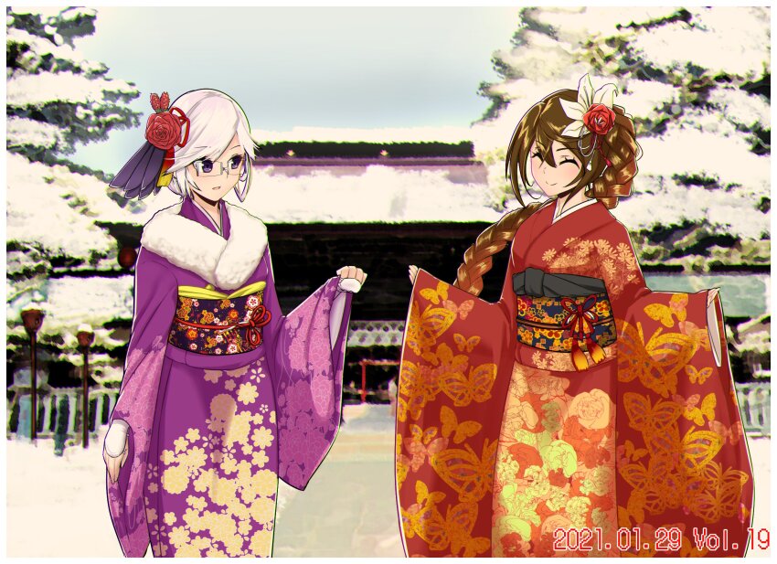 2girls alternate_costume alternate_hairstyle braid braided_ponytail brown_hair brown_kimono closed_eyes closed_mouth commentary_request dated feather_hair_ornament feathers floral_print flower fur_trim glasses hair_flower hair_ornament hands_up highres japanese_clothes kimono kirishima_(alutear) looking_at_another multiple_girls new_year ootengu_masaie parted_lips print_sash purple_kimono sash shrine smile snow standing tenka_hyakken tenkyuuwari white_hair