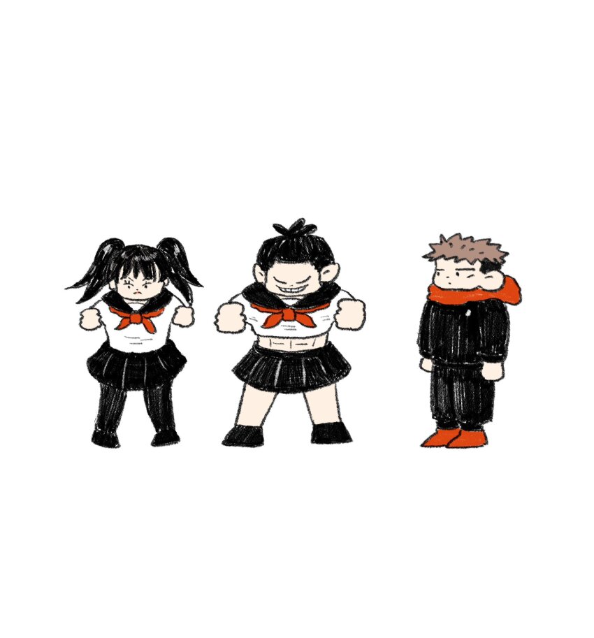 2boys arms_at_sides bad_id bad_twitter_id black_hair blank_stare clenched_hands crossdressing dancing deformed do_do_natsu faux_traditional_media full_body grin highres itadori_yuuji jitome jujutsu_kaisen midriff multiple_boys official_alternate_costume scar scar_across_eye school_uniform serafuku short_hair sideburns skirt smile takada_nobuko toudou_aoi_(jujutsu_kaisen) undercut v-shaped_eyes