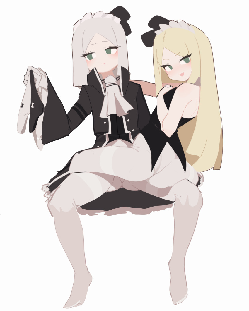 2girls absurdres ascot ass black_bow black_coat blonde_hair bow coat frilled_coat frilled_sleeves frills green_eyes gya_rb hair_bow highres holding holding_unworn_clothes holding_panties holding_underwear holding_unworn_clothes library_of_ruina long_hair long_sleeves maid_headdress multiple_girls open_mouth pamela_(project_moon) pameli_(project_moon) panties pantyhose petite project_moon shirt short_hair simple_background smile underwear white_ascot white_background white_pantyhose white_shirt wide_sleeves