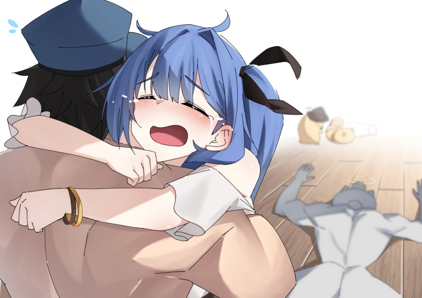 1girl 2boys azur_lane bangle bell_(azur_lane) bell_(saloon_mishaps)_(azur_lane) black_hair blue_hair blue_hat blush bracelet breasts closed_eyes colored_skin commander_(azur_lane) commentary_request commission hat highres hug jewelry long_hair manjuu_(azur_lane) meowfficer_(azur_lane) multiple_boys nouka open_mouth peaked_cap pixiv_commission shirt short_hair short_sleeves upper_body white_shirt white_skin wooden_floor