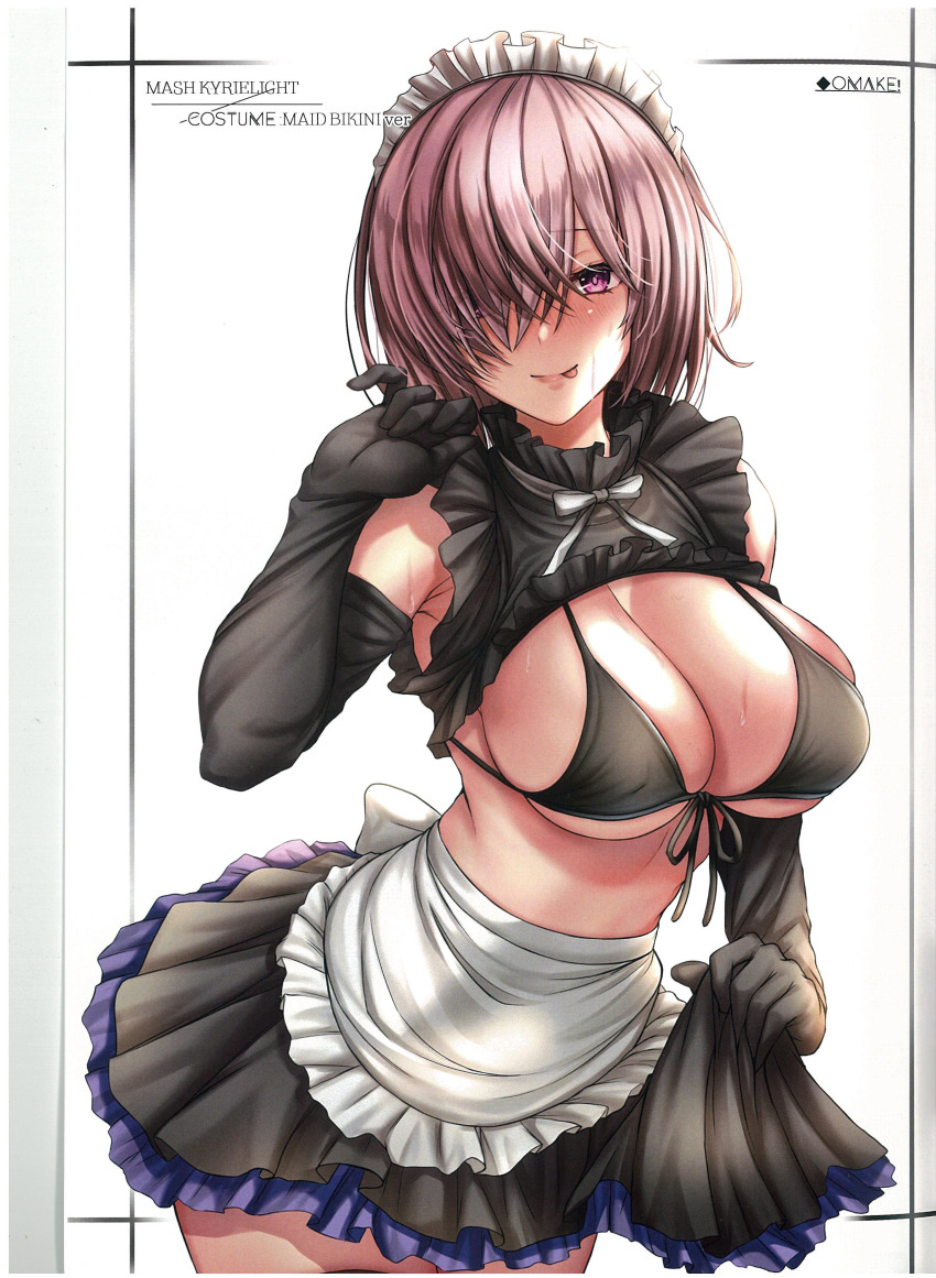 1girl absurdres apron bikini breasts character_name cleavage elbow_gloves fate/grand_order fate_(series) frilled_skirt frills front-tie_bikini_top front-tie_top gloves hair_ornament hair_over_one_eye hand_up highres large_breasts looking_at_viewer maid_headdress mash_kyrielight pink_hair purple_eyes ribbon scan short_hair simple_background skirt skirt_hold sleeveless smile solo sweat sweatdrop swimsuit takecha tongue tongue_out waist_apron white_background