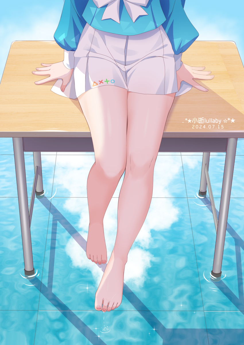 1girl arm_support arona_(blue_archive) artist_name bare_legs barefoot blue_archive blue_shirt chinese_commentary commentary_request dated desk feet highres long_sleeves lower_body nail_polish neck_ribbon on_desk pleated_skirt reflection reflective_floor reflective_water ribbon school_desk school_uniform serafuku shirt sitting skirt solo toenail_polish toenails toes water white_ribbon white_skirt xiao_shi_lullaby