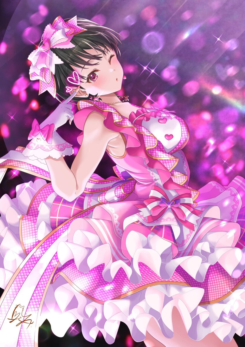 1girl armpits black_hair breasts brown_hair dress ear_piercing earrings fingerless_gloves gloves hair_ribbon heart highres idolmaster idolmaster_cinderella_girls idolmaster_cinderella_girls_starlight_stage jewelry layered_dress matsubara_saya medium_breasts necklace one_eye_closed parted_lips piercing pink_background pink_dress pink_nails pink_ribbon rainbow_gradient red_eyes ribbon sash short_hair signature solo sparkle totomiya white_gloves