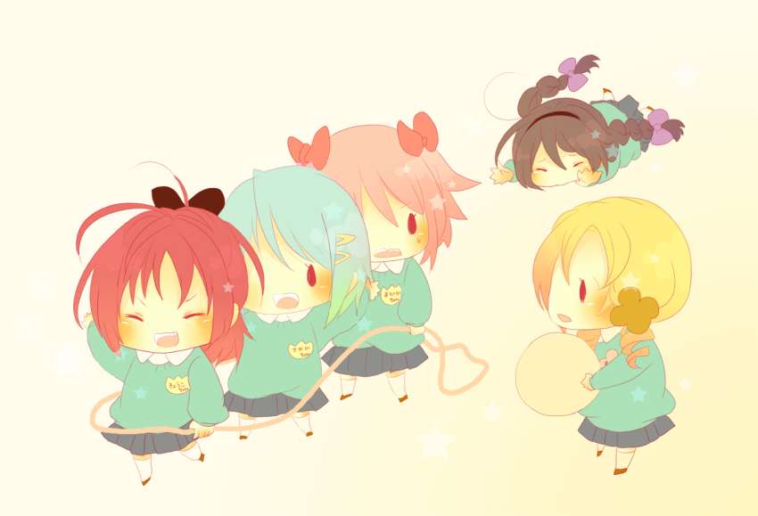 0_0 10s 5girls aged_down akemi_homura bad_id bad_pixiv_id ball black_hair blonde_hair blue_hair braid drill_hair hair_ornament hair_ribbon hairband hairclip kaname_madoka kindergarten kindergarten_uniform mahou_shoujo_madoka_magica mahou_shoujo_madoka_magica_(anime) miki_sayaka mmco multiple_girls pink_hair ponytail red_hair ribbon sakura_kyoko short_hair short_twintails star_(symbol) tomoe_mami twin_braids twintails