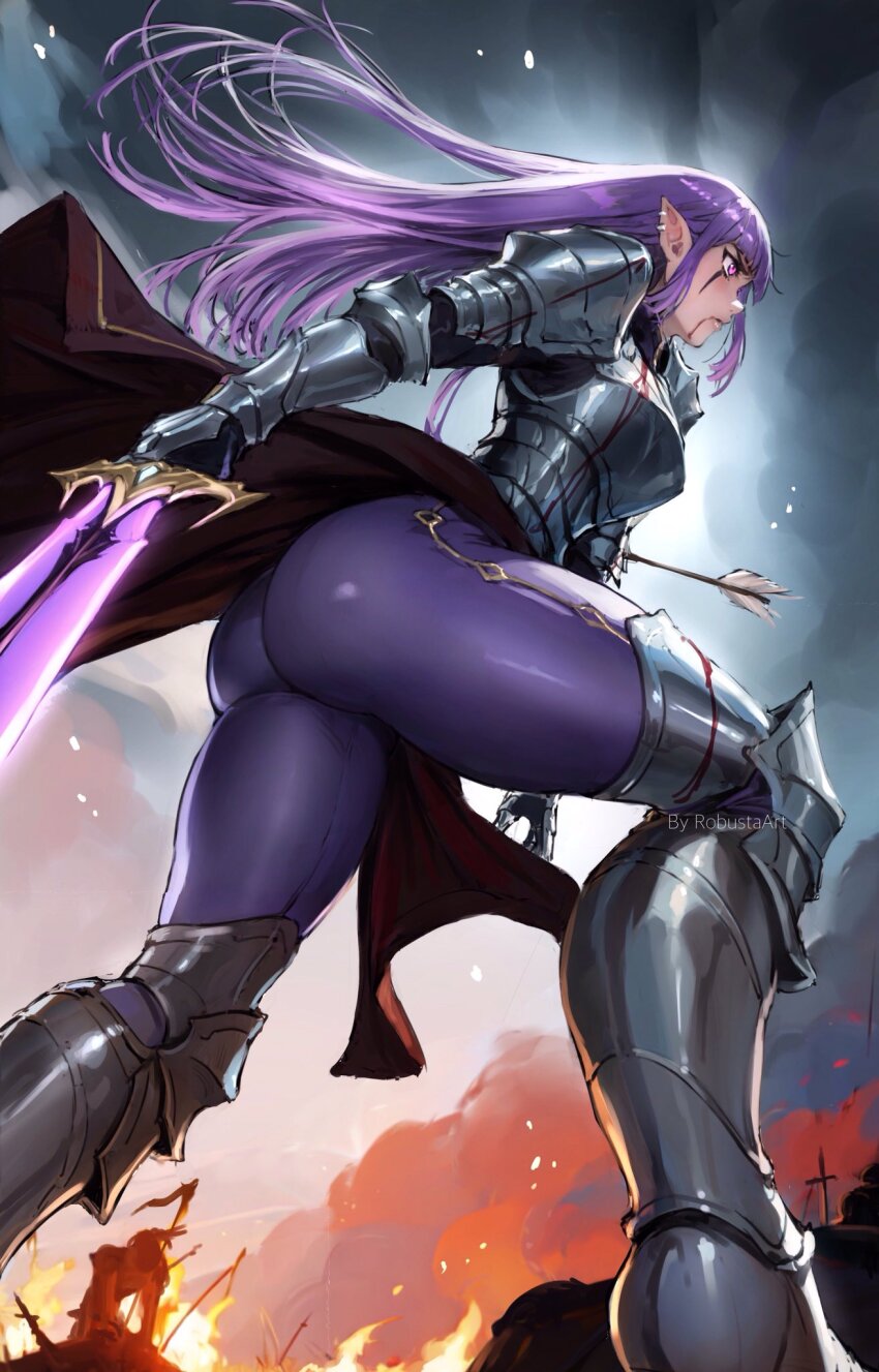 1girl armor arrow_(projectile) artist_name ass battlefield blood blood_from_mouth blood_on_armor breastplate commentary couter earrings elf english_commentary facial_mark fire from_below from_side gauntlets greaves highres holding holding_sword holding_weapon jewelry long_hair original pants pauldrons planted planted_sword planted_weapon pointy_ears poleyn purple_eyes purple_hair purple_pants rerebrace robusta_mania shoulder_armor smoke solo_leveling sword tight_clothes tight_pants vambraces waist_cape weapon