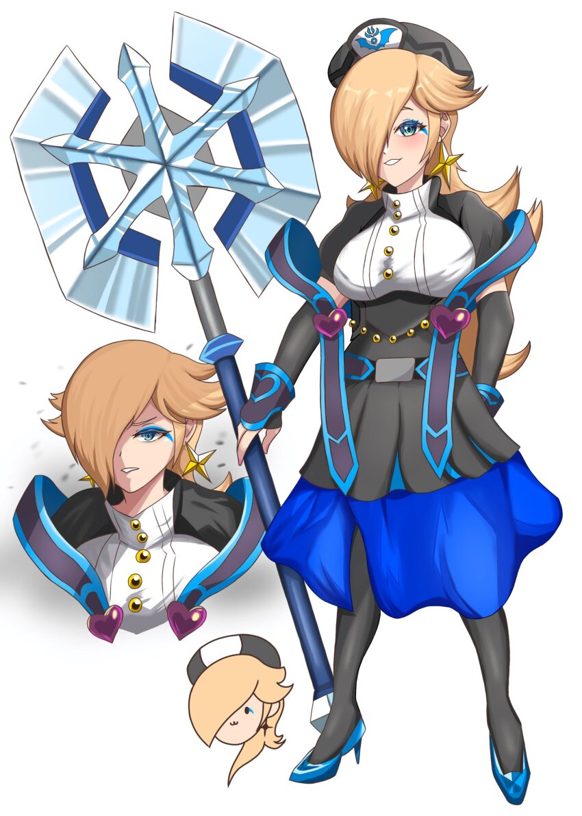 1girl axe beret blonde_hair blue_eyes breasts cosplay dress earrings enuzemu_mldre francisca_(kirby) francisca_(kirby)_(cosplay) hair_over_one_eye hat high_heels jewelry kirby:_star_allies kirby_(series) large_breasts long_hair mario_(series) nintendo pantyhose parted_lips rosalina smile solo super_mario_galaxy very_long_hair weapon