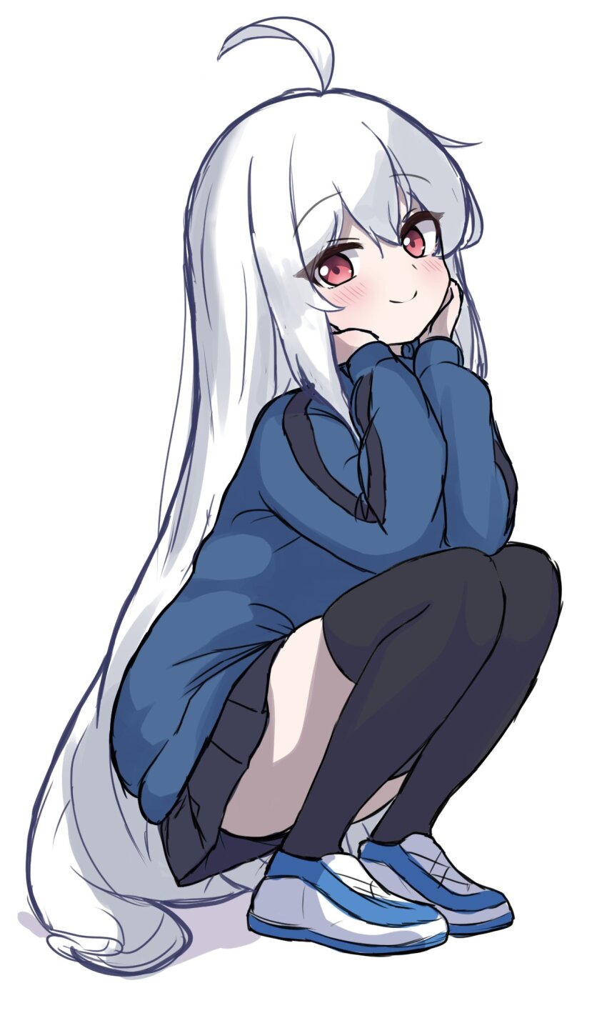 100_percent_orange_juice 1girl ahoge black_skirt black_thighhighs blue_jacket blue_shoes closed_mouth full_body grey_hair hands_on_own_face happy hazuein highres jacket light_blush long_hair long_sleeves looking_at_viewer miniskirt pleated_skirt puffy_sleeves red_eyes shoes simple_background skirt smile sneakers solo squatting suguri suguri_(orange_juice) thighhighs track_jacket very_long_hair white_background zettai_ryouiki