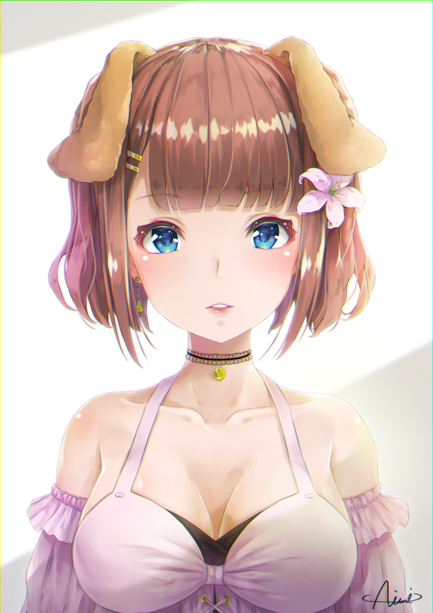 1girl animal_ears artist_name bad_id bad_pixiv_id bare_shoulders blue_eyes blush breasts brown_hair choker collarbone commentary_request detached_sleeves dog_ears earrings ears_down eyelashes female_focus flower hair_flower hair_ornament hairclip halterneck highres hyouta_(yoneya) jewelry lips looking_at_viewer medium_breasts original parted_lips short_hair signature single_earring solo teeth two-tone_background upper_body