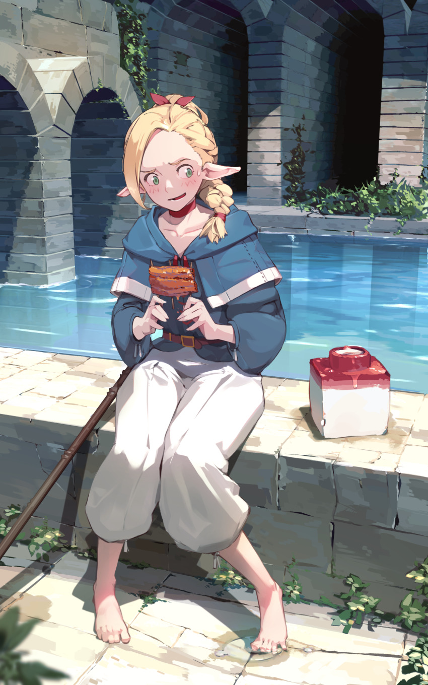 Seuhyo99 Marcille Donato Dungeon Meshi Highres 1girl Barefoot Blonde Hair Blue Capelet