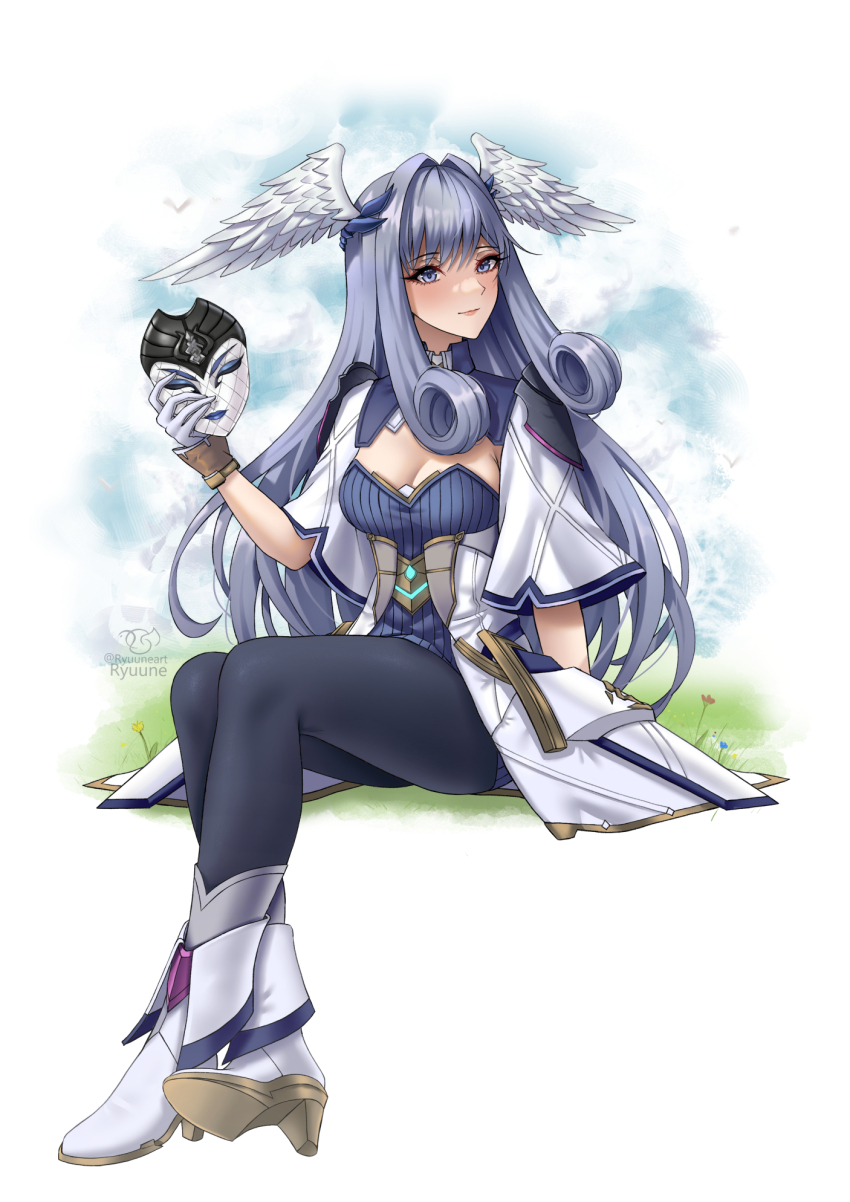 1girl artist_name breasts cleavage closed_mouth curly_hair eyelashes gloves grey_eyes grey_hair head_wings high_heels highres holding holding_mask large_breasts long_hair looking_at_viewer mask melia_antiqua on_grass outdoors ryuuneart simple_bird sitting solo twitter_username unworn_mask white_gloves wings xenoblade_chronicles_(series) xenoblade_chronicles_3