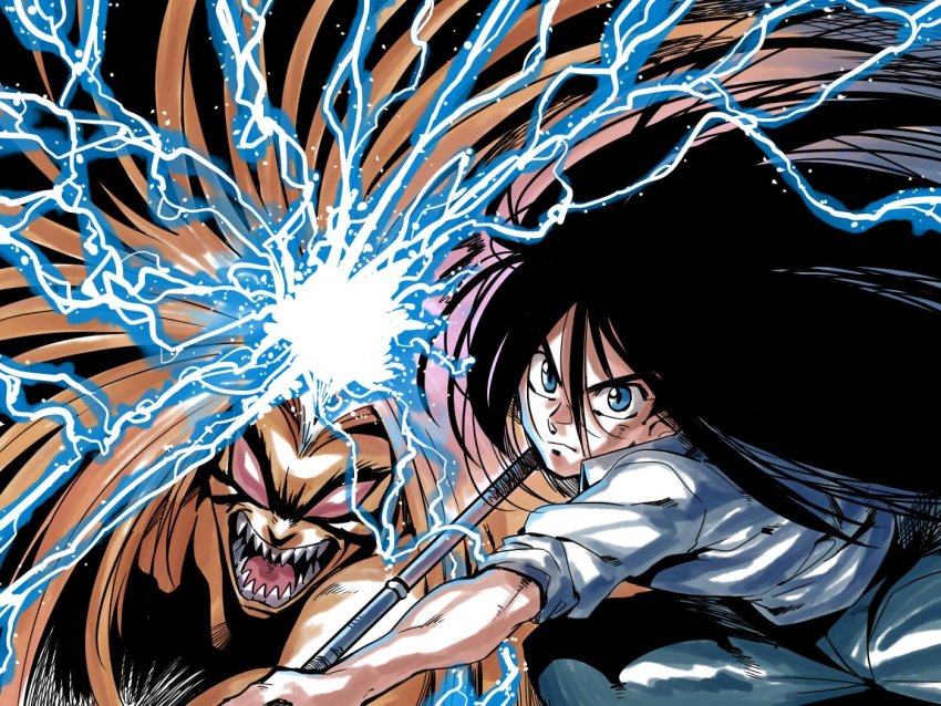 2boys aotsuki_ushio beast_spear black_hair closed_mouth long_hair male_focus monster multiple_boys open_mouth polearm sharp_teeth spear teeth tora_(ushio_to_tora) tukiwani ushio_to_tora very_long_hair weapon