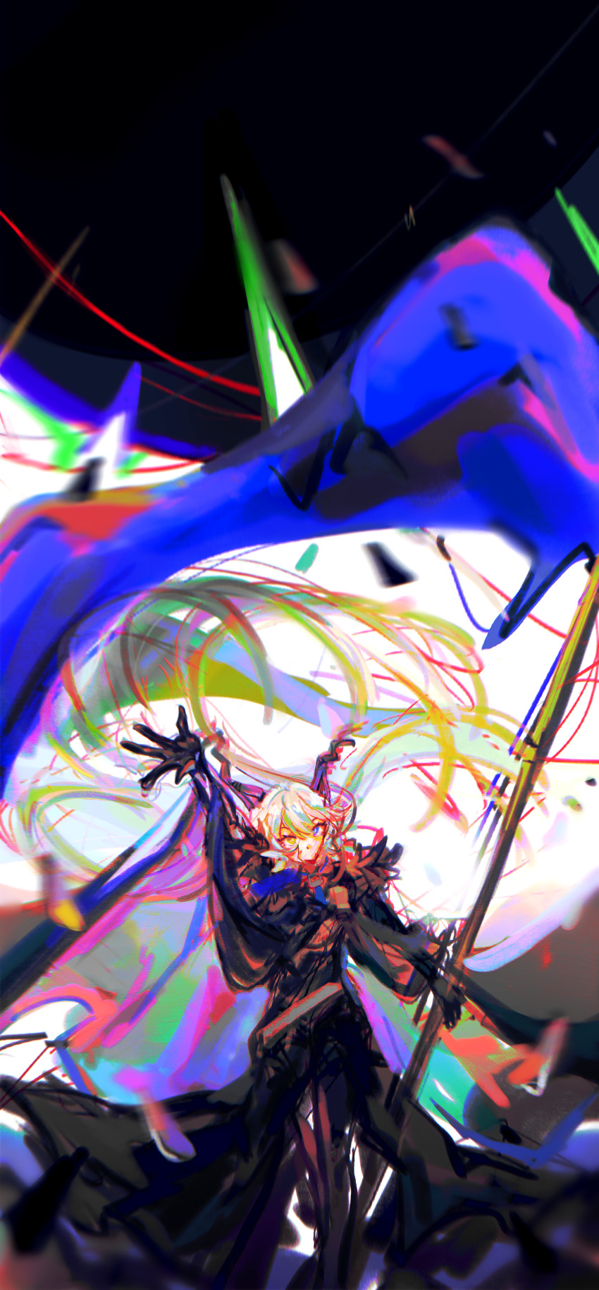 1girl abstract_background absurdres arms_up black_background black_coat black_horns blue_eyes coat flag fur-trimmed_coat fur_trim hair_between_eyes hair_flowing_over head_tilt heterochromia highres holding holding_flag horns huatu904 long_hair long_horns looking_at_viewer multicolored_background multicolored_hair no_mouth solo standing sunbringer_(zenless_zone_zero) white_hair yellow_eyes zenless_zone_zero