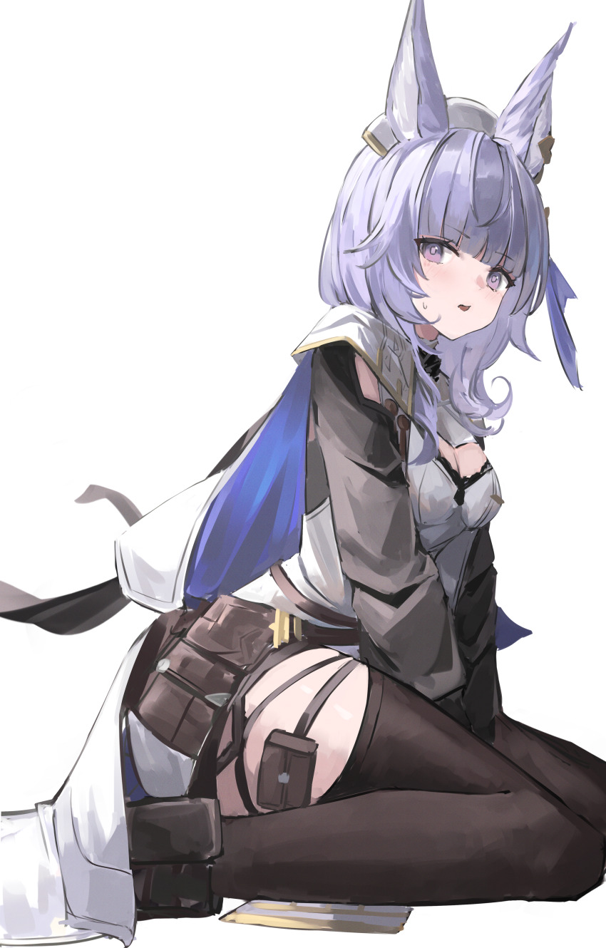 1girl absurdres animal_ears black_shorts black_thighhighs blunt_bangs blush breasts cape cleavage commentary curly_hair earclip erune granblue_fantasy hat highres long_hair long_sleeves looking_at_viewer medium_breasts no_nose open_mouth pouch purple_eyes purple_hair seiza shiro_wa_(shiroshironix) shirt short_shorts shorts simple_background sitting solo sweatdrop thigh_focus thigh_pouch thigh_strap thighhighs thighs tikoh white_background white_cape white_hat white_shirt