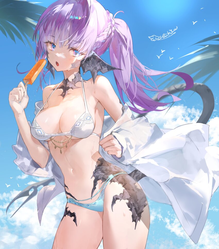 1girl absurdres au_ra bikini black_scales blue_bikini blue_eyes blue_sky braid breasts dragon_girl dragon_horns dragon_tail final_fantasy final_fantasy_xiv food highres horns jacket medium_breasts open_mouth outdoors palm_tree ponytail popsicle purple_hair shikina_(mochigushi_) sky solo swimsuit tail tree warrior_of_light_(ff14) white_bikini white_jacket