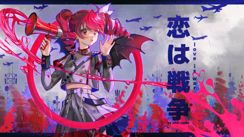 1girl aircraft airplane bat_wings black_border black_sleeve_cuffs border buttons circle commentary_request cowboy_shot crying double-breasted drill_hair grey_jacket grey_shirt grey_skirt hair_ribbon hands_up highres holding holding_megaphone jacket kasane_teto kasane_teto_(sv) koi_wa_sensou_(vocaloid) letterboxed megaphone midriff_peek musical_staff musical_staff_print naniwoou open_hand paint_splatter radio_antenna red_eyes red_hair red_paint red_trim ribbon shirt short_sleeves shoulder_belt shoulder_boards silhouette skirt solo striped_clothes striped_jacket synthesizer_v teardrop twin_drills utau white_ribbon wings