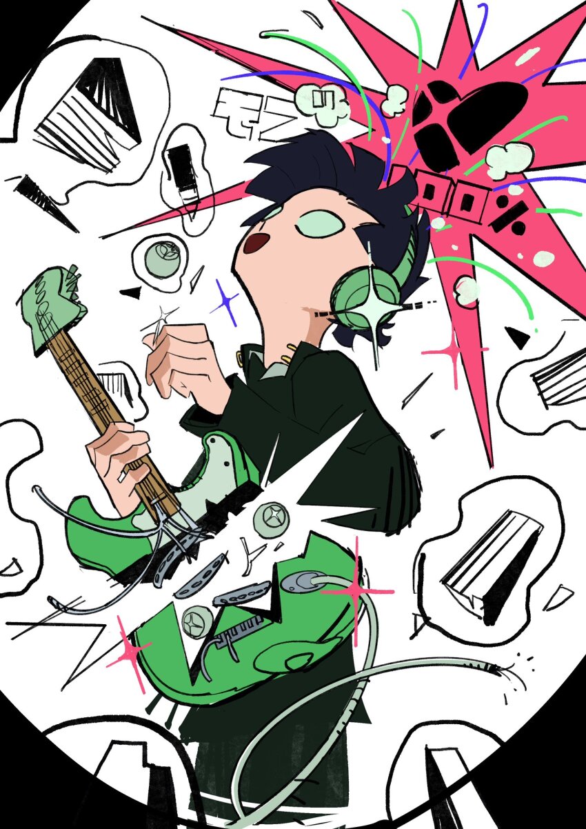 1boy arms_up black_hair black_jacket black_pants collared_jacket commentary cropped_legs curled_fingers electric_guitar gakuran green_headphones guitar hashtag-only_commentary head_back headphones heart highres holding holding_guitar holding_instrument instrument jacket kageyama_shigeo long_sleeves male_focus mob_psycho_100 music nineinsweet no_pupils open_collar open_mouth pants percentage playing_guitar playing_instrument school_uniform solo sparkle white_eyes wire