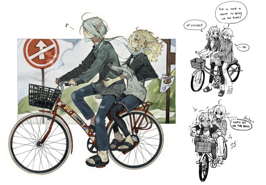 1boy 1girl alternate_universe bicycle bicycle_basket blonde_hair commentary contemporary denim dungeon_meshi elf english_commentary english_text engrish_text fleki grey_hair hair_around_ear hair_tubes highres jacket jeans leggings long_hair low_twintails lycion multiple_riders notched_ear nova_1810 outdoors pants pointy_ears ranguage riding riding_bicycle sandals shirt shorts sleeveless speech_bubble sweater tattoo twintails white_background