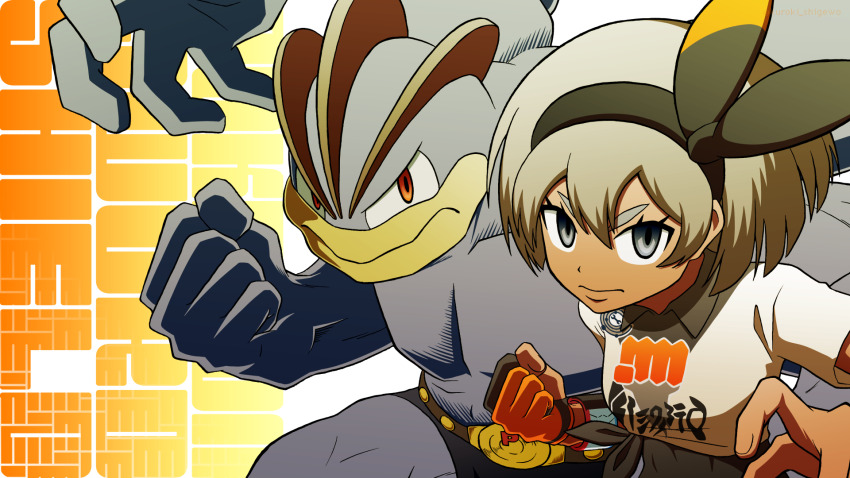 bea_(pokemon) belt black_headband bodysuit clenched_hand closed_mouth collared_shirt copyright_name creatures_(company) fighting_stance game_freak gen_1_pokemon gloves grey_eyes grey_hair headband highres kuroki_shigewo long_bangs machamp nintendo pokemon pokemon_swsh print_shirt red_eyes shirt short_hair short_sleeves single_glove v-shaped_eyebrows