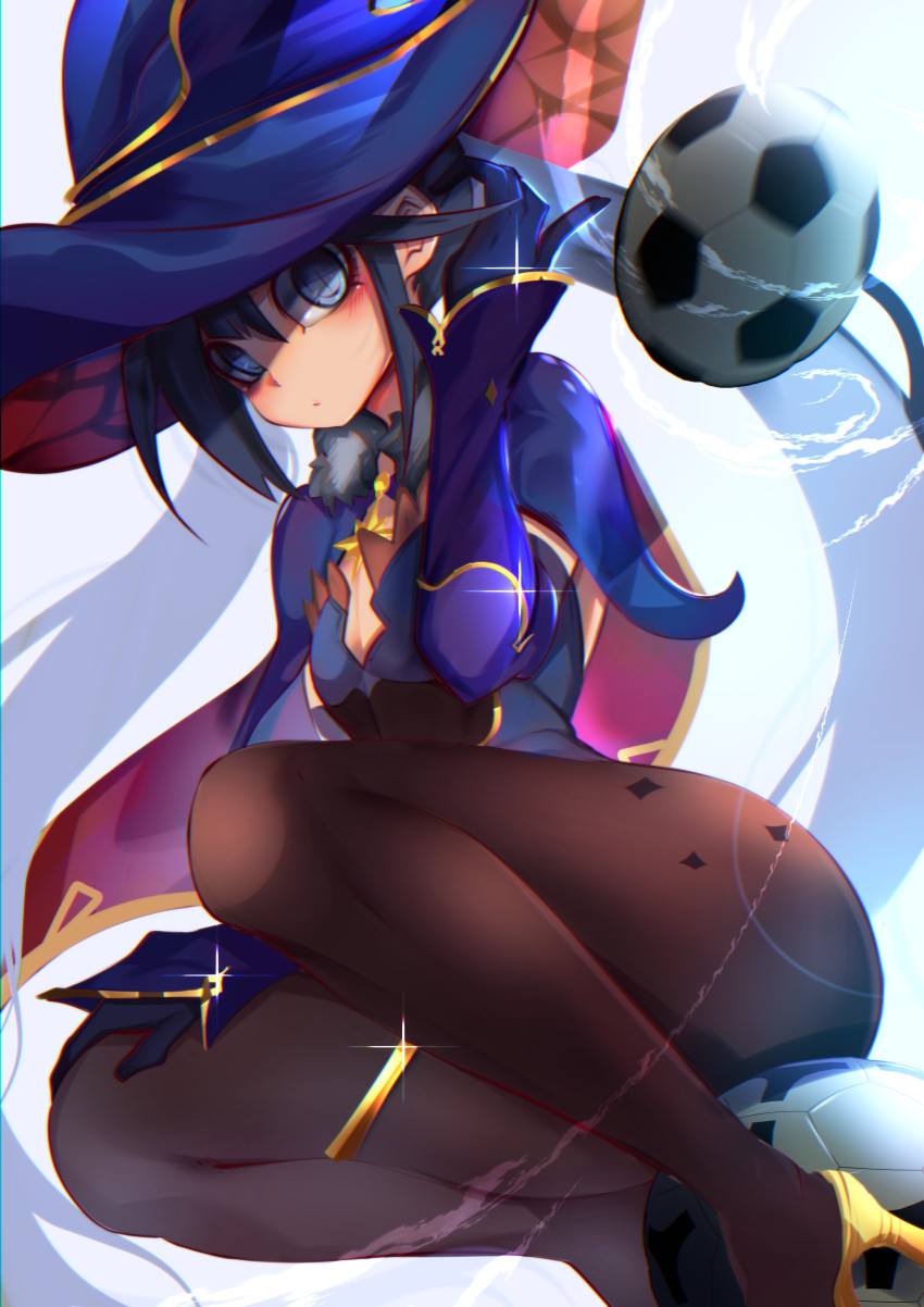 +_+ 1girl absurdres animahakim ass ball black_pantyhose blue_eyes bodysuit breasts cape detached_sleeves full_body genshin_impact gloves gold_trim hand_on_own_knee hand_up hat high_heels highres large_hat looking_at_viewer mona_(genshin_impact) pantyhose sidelocks sitting small_breasts soccer_ball solo sparkle squatting symbol-shaped_pupils thigh_strap thighs twintails witch_hat