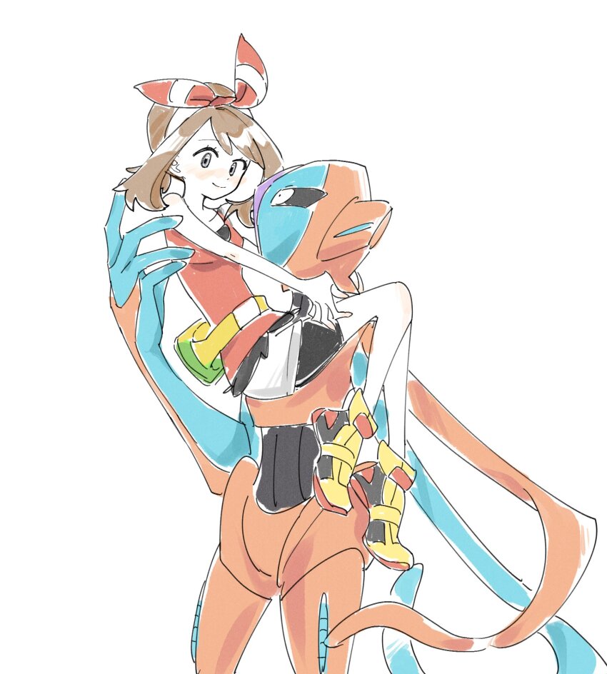 1girl armor arms_around_neck bike_shorts bike_shorts_under_shorts black_sclera black_shorts blue_skin bow_hairband brown_hair colored_sclera colored_skin commentary_request creatures_(company) deoxys deoxys_(normal) eye_contact fanny_pack game_freak gen_3_pokemon grey_eyes hairband hama_bebi hand_up highres knees_up looking_at_another looking_to_the_side may_(pokemon) midair mythical_pokemon nintendo orange_armor pokemon pokemon_(creature) pokemon_oras profile red_hairband red_tank_top shorts smile tank_top tendril white_eyes white_shorts yellow_bag yellow_footwear