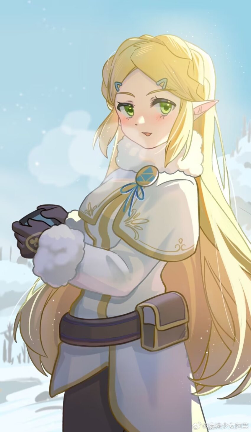 1girl black_gloves blonde_hair braid breasts chinese_commentary coat commentary_request crown_braid from_side fur-trimmed_coat fur_trim gloves green_eyes hair_ornament hairclip highres holding long_hair looking_at_viewer medium_breasts nintendo pointy_ears pouch princess_zelda sheikah_slate snow solo the_legend_of_zelda the_legend_of_zelda:_breath_of_the_wild very_long_hair watermark weibo_watermark white_coat yun_(dl2n5c7kbh8ihcx)