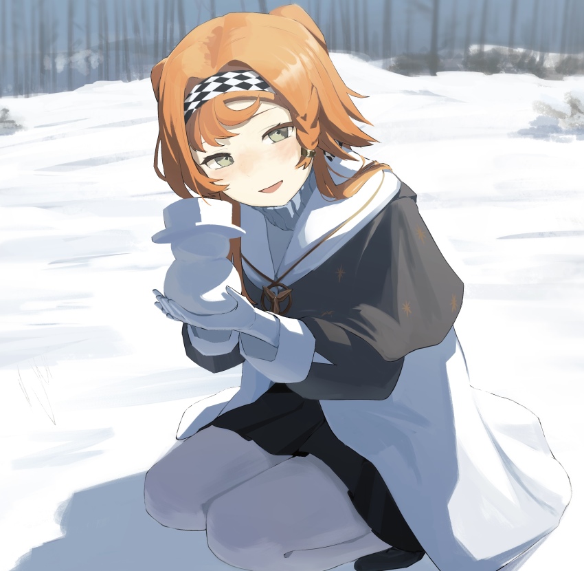 1girl :d absurdres black_skirt checkered_hairband coat day full_body gloves green_eyes grey_cloak grey_sleeves hands_up highres holding_snowman kubu_fugu long_hair looking_at_viewer miniskirt open_mouth orange_hair outdoors pantyhose reverse:1999 shadow skirt smile snow solo sonetto_(reverse:1999) squatting white_coat white_gloves white_pantyhose