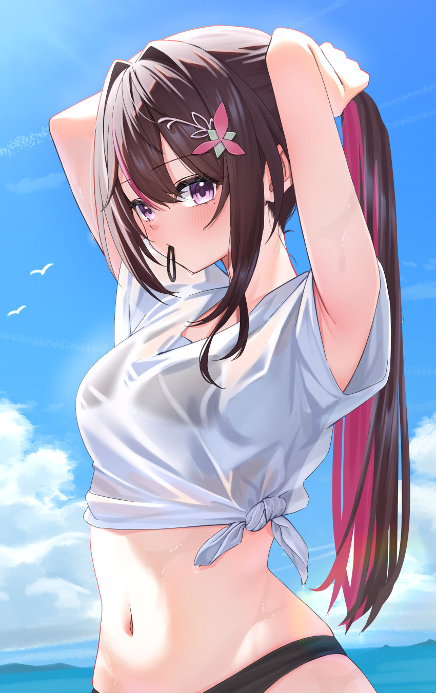1girl absurdres ai_(u_e_o_o) alternate_costume alternate_hairstyle armpits arms_up asymmetrical_sidelocks azki_(hololive) beach bikini black_bikini black_hair blue_sky blush cloud colored_inner_hair commentary_request day double-parted_bangs flower hair_between_eyes hair_flower hair_intakes hair_ornament hair_tie_in_mouth hairclip highres hololive long_hair looking_at_viewer mole mole_under_eye mouth_hold multicolored_hair navel ocean outdoors pink_hair ponytail purple_eyes see-through see-through_shirt shirt sidelocks sky solo standing stomach streaked_hair swimsuit t-shirt tied_shirt tying_hair virtual_youtuber white_shirt