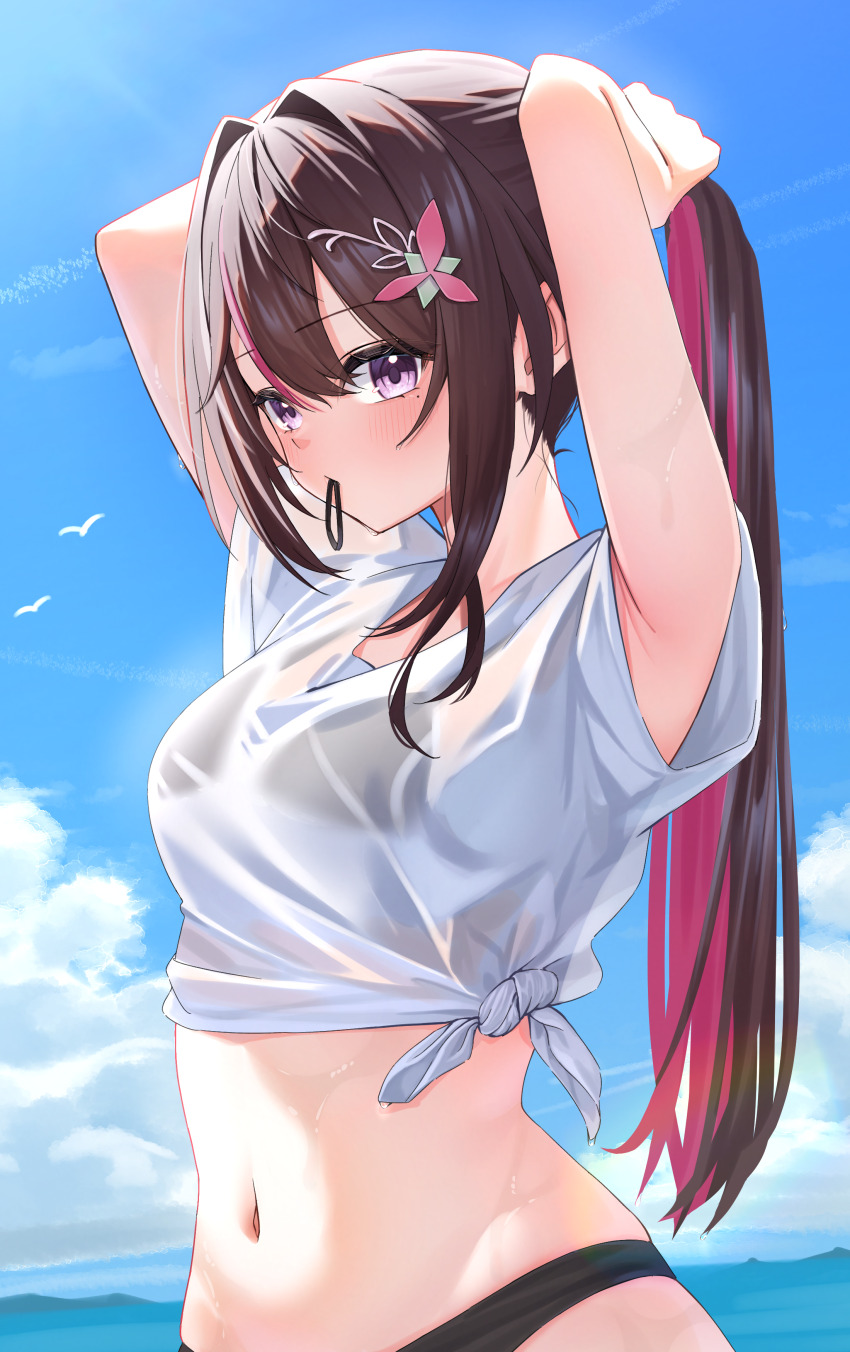 1girl absurdres ai_(u_e_o_o) alternate_costume alternate_hairstyle armpits arms_up asymmetrical_sidelocks azki_(hololive) beach bikini black_bikini black_hair blue_sky blush cloud colored_inner_hair commentary_request day double-parted_bangs flower hair_between_eyes hair_flower hair_intakes hair_ornament hair_tie_in_mouth hairclip highres hololive long_hair looking_at_viewer mole mole_under_eye mouth_hold multicolored_hair navel ocean outdoors pink_hair ponytail purple_eyes see-through_clothes see-through_shirt shirt sidelocks sky solo standing stomach streaked_hair swimsuit t-shirt tied_shirt tying_hair virtual_youtuber white_shirt