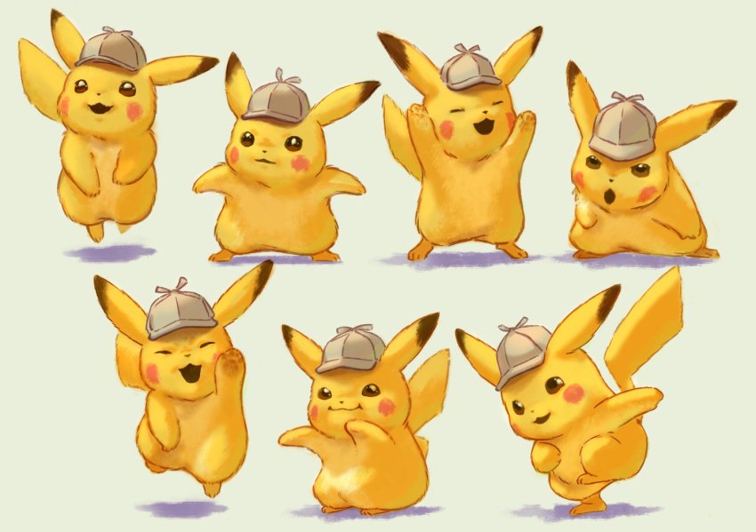 :d brown_eyes commentary_request creatures_(company) dab_(dance) detective_pikachu_(series) detective_pikachu_(character) closed_eyes fluffy game_freak gen_1_pokemon grey_headwear hat clothed_pokemon legs_apart misica multiple_views nintendo no_humans open_mouth pikachu pokemon pokemon_(creature) smile standing yellow_fur |d