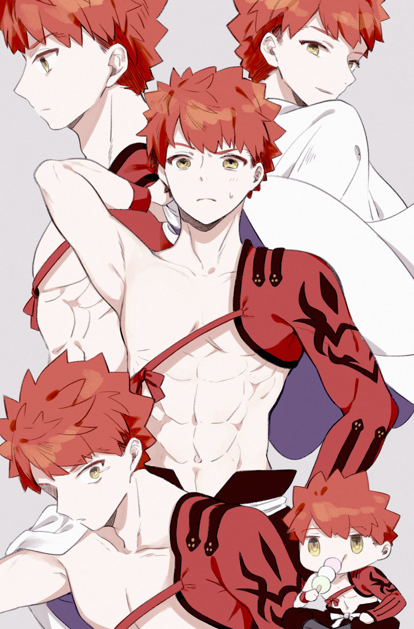 1boy abs absurdres blush character_sheet chibi dango emiya_shirou fate/grand_order fate_(series) food highres igote jitome limited/zero_over male_focus multiple_views raised_eyebrow red_hair senji_muramasa_(fate) suzuakks sweatdrop toned toned_male upper_body wagashi wristband yellow_eyes