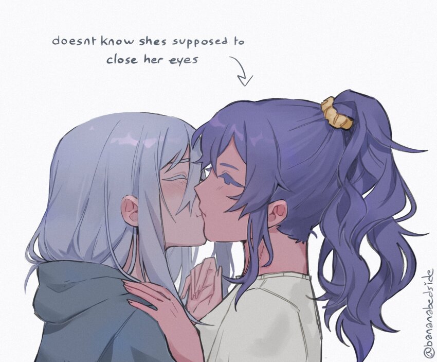 2girls asahina_mafuyu blush closed_eyes closed_mouth commentary english_commentary english_text from_side grey_hair grey_hoodie hand_on_another&#039;s_shoulder highres hood hoodie kiss long_hair multiple_girls ponytail project_sekai purple_hair rayne_(bananabedside) shirt simple_background twitter_username upper_body white_background white_shirt yoisaki_kanade yuri