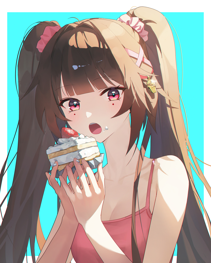 1girl alternate_costume bare_shoulders blue_background border breasts brown_hair cake cake_slice camisole cleavage commentary_request cream cream_on_face cropped_arms food food_on_face hair_intakes hair_ornament hair_scrunchie highres holding holding_food honkai:_star_rail honkai_(series) long_hair looking_at_viewer medium_breasts mole mole_under_each_eye mole_under_eye multiple_moles open_mouth outside_border pink_camisole pink_scrunchie red_eyes scrunchie simple_background solo sparkle_(honkai:_star_rail) strawberry_shortcake twintails upper_body white_background white_border x_hair_ornament yanjem