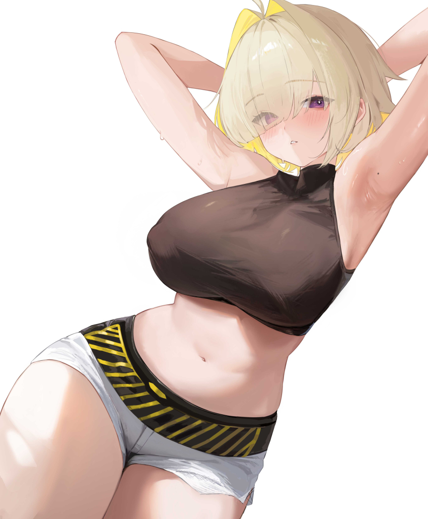 1girl absurdres ahoge armpits blonde_hair blush breasts colored_inner_hair commentary elegg_(nikke) goddess_of_victory:_nikke hair_intakes hair_over_one_eye highres huge_breasts looking_at_viewer medium_hair mole mole_on_armpit multicolored_hair navel pink_eyes shorts sihana156 solo stomach thighs two-tone_hair white_shorts