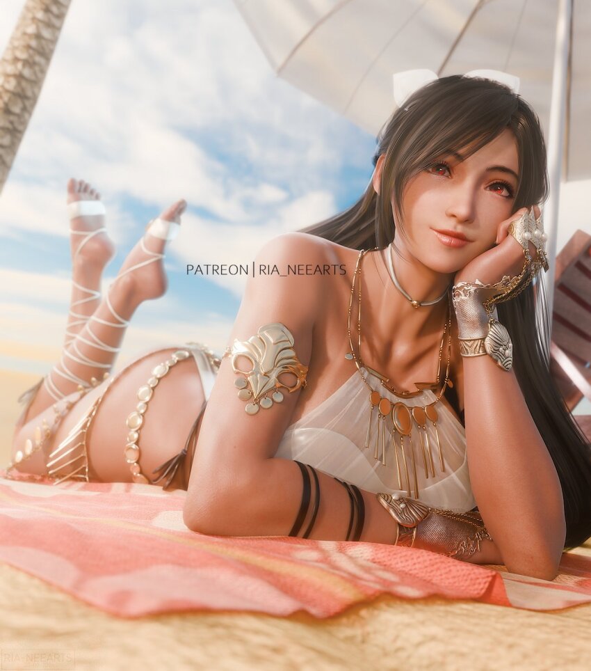 1girl armlet beach beach_towel beach_umbrella belly_chain bikini black_hair brown_eyes final_fantasy final_fantasy_vii final_fantasy_vii_ever_crisis highres jewelry lying official_alternate_costume official_alternate_hairstyle on_stomach palm_tree ria_(baka-neearts) smile solo stirrup_footwear swimsuit the_pose tifa_lockhart tifa_lockhart_(passion_mermaid) towel tree umbrella white_bikini