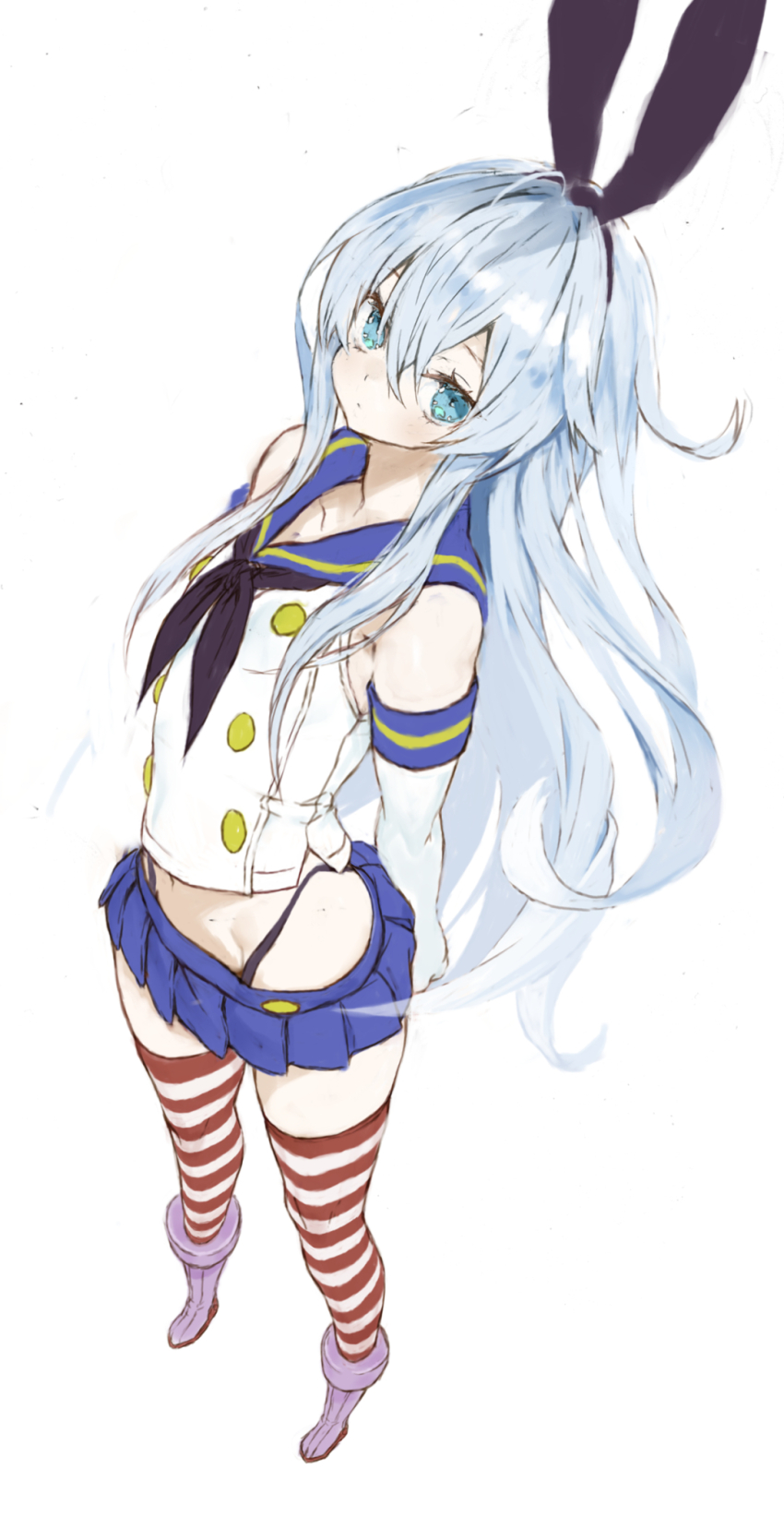 1girl black_hairband black_neckerchief black_panties blue_eyes blue_hair blue_sailor_collar blue_skirt cosplay crop_top elbow_gloves full_body gloves hairband hibiki_(kancolle) highleg highleg_panties highres kantai_collection light_blue_hair looking_at_viewer microskirt miniskirt neckerchief one-hour_drawing_challenge panties pleated_skirt ryo_(tg290) sailor_collar shimakaze_(kancolle) shimakaze_(kancolle)_(cosplay) shirt simple_background skirt sleeveless sleeveless_shirt solo standing striped_clothes striped_thighhighs thighhighs underwear white_background white_gloves