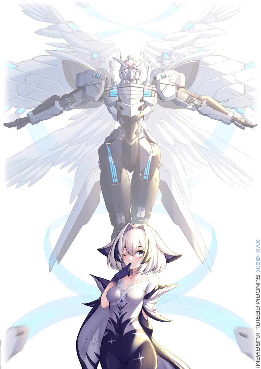 1girl absurdres angel_wings animal_ears black_bodysuit bodysuit cropped_legs eien_project funnels_(gundam) gundam gundam_aerial gundam_suisei_no_majo hair_between_eyes highres kurayami_kilia legs_together mecha mobile_suit multicolored_bodysuit multicolored_clothes one_eye_closed outstretched_arms pinguinkotak redesign robot science_fiction short_hair solo standing v-fin virtual_youtuber white_background white_bodysuit white_hair white_wings wings