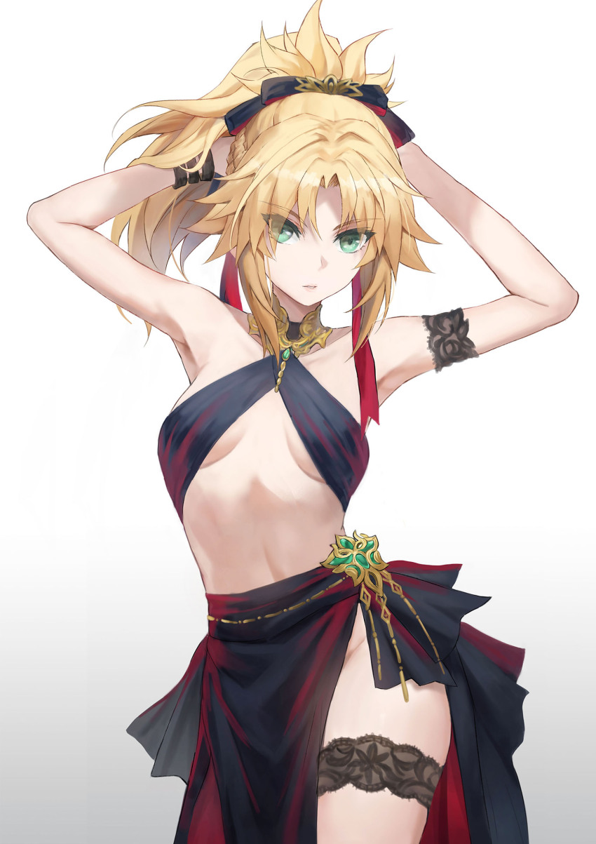 1girl armpits arms_behind_head arms_up bare_shoulders belly_chain black_dress black_gloves blonde_hair braid breasts bridal_garter collarbone commentary_request dress elbow_gloves fate/apocrypha fate_(series) gloves green_eyes hair_ribbon half_up_braid halterneck highres jewelry long_hair looking_at_viewer mordred_(fate) mordred_(fate/apocrypha) parted_bangs ponytail ribbon sidelocks small_breasts solo tonee