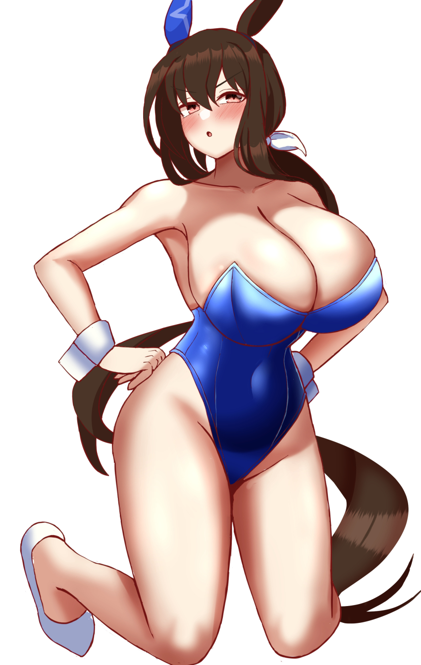 1girl absurdres admire_vega_(umamusume) ael alternate_costume animal_ears bare_shoulders blush bow breasts brown_eyes brown_hair cleavage collarbone commentary_request ear_covers hands_on_own_hips highleg highleg_leotard highres horse_ears horse_girl horse_tail kneeling large_breasts leotard long_hair nontraditional_playboy_bunny open_mouth ponytail simple_background single_ear_cover solo strapless strapless_leotard tail umamusume v-shaped_eyebrows white_background white_bow wrist_cuffs