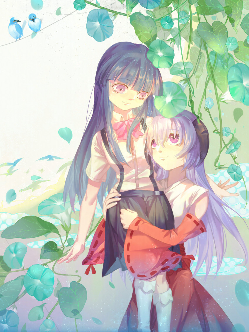 2girls bad_id bad_pixiv_id bird blue_hair blue_skirt blunt_bangs bow bowtie dama_(sindygao) detached_sleeves flower friends furude_rika hair_between_eyes hakama hakama_skirt hanyuu highres higurashi_no_naku_koro_ni holding horns hug japanese_clothes kneehighs leaf long_hair looking_at_another miko multiple_girls pants pink_bow plant purple_eyes purple_hair red_hakama red_pants school_uniform skirt socks suspender_skirt suspenders vines white_legwear wide_sleeves