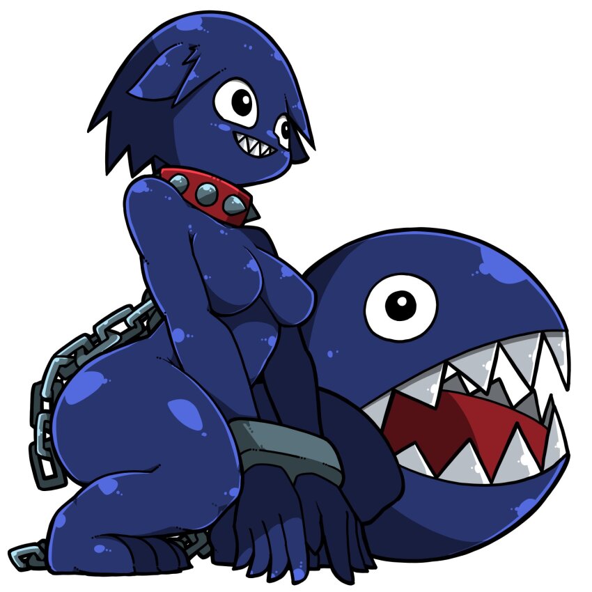 1girl black_eyes blue_hair blue_skin bound bound_wrists breasts chain chain_chomp collar colored_skin dark_blue_hair grin highres mario_(series) medium_breasts name_omoitukan2 nintendo personification red_collar sharp_teeth shiny_skin short_hair simple_background smile spiked_collar spikes squatting teeth thick_lineart white_background