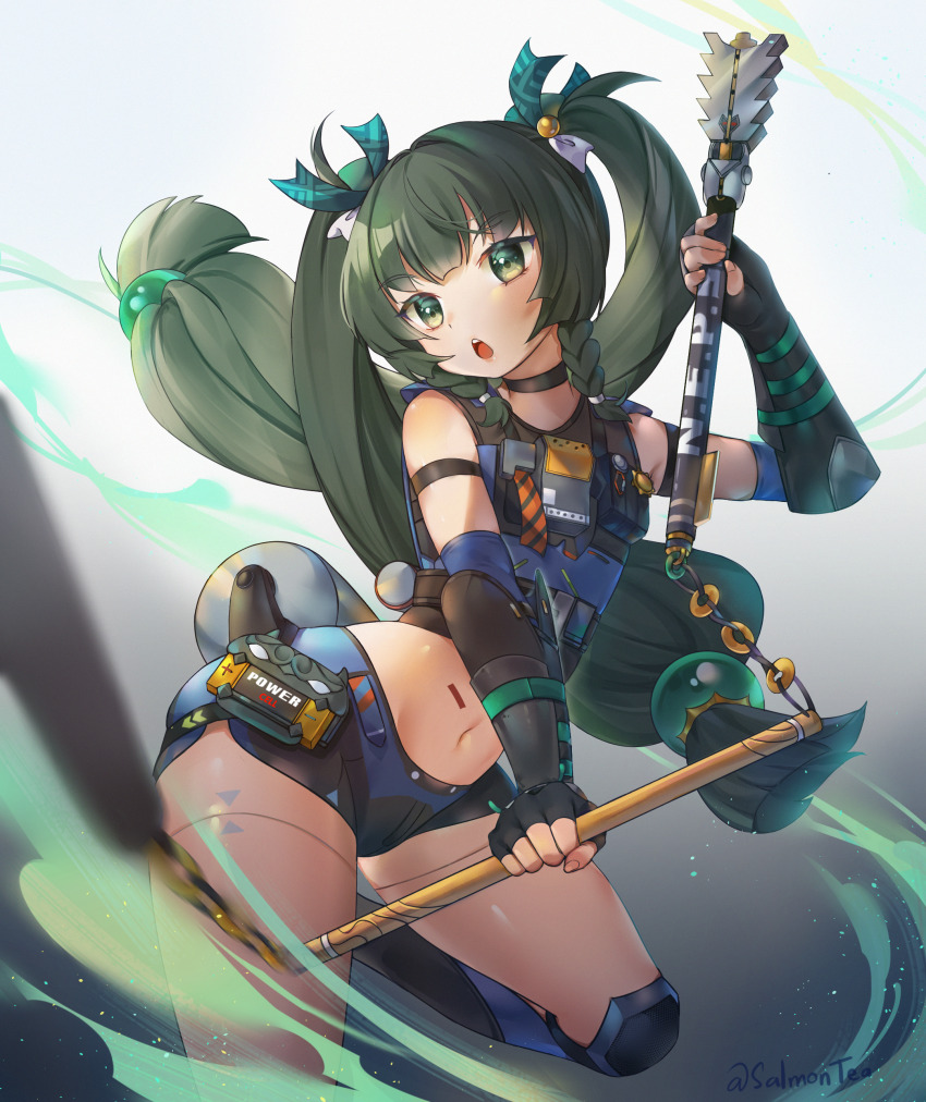 1girl absurdres android battery black_choker black_gloves braid choker commentary feet_out_of_frame fingernails gloves green_eyes green_hair highres holding holding_staff holding_weapon knee_pads leg_up long_hair looking_at_viewer midriff navel open_mouth police police_uniform qingyi_(zenless_zone_zero) robot_girl salmontea shirt shorts side_braids sleeveless sleeveless_shirt solo staff three_section_staff twintails weapon zenless_zone_zero